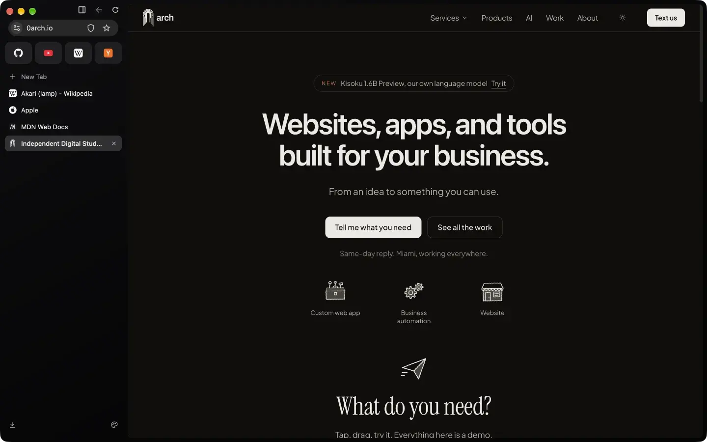 Akari with its tab sidebar open next to a web page