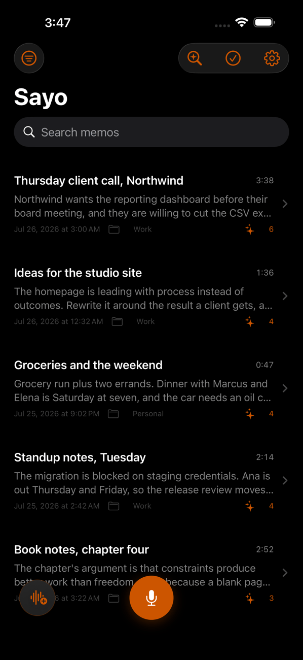 Sayo memo list showing voice notes with AI extracted previews