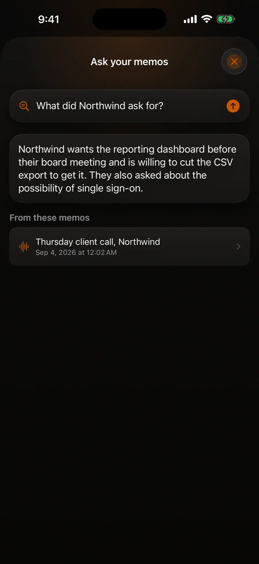 Ask your memos answering a question about a client call and citing the memo it came from