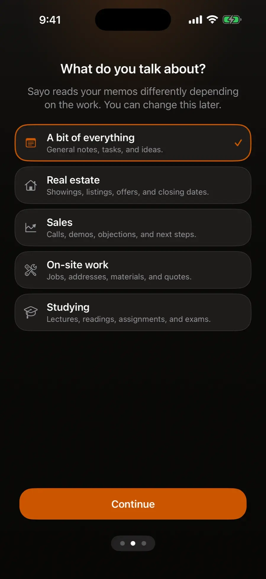 Sayo asking what you talk about, with real estate, sales, on-site work, and studying to choose from