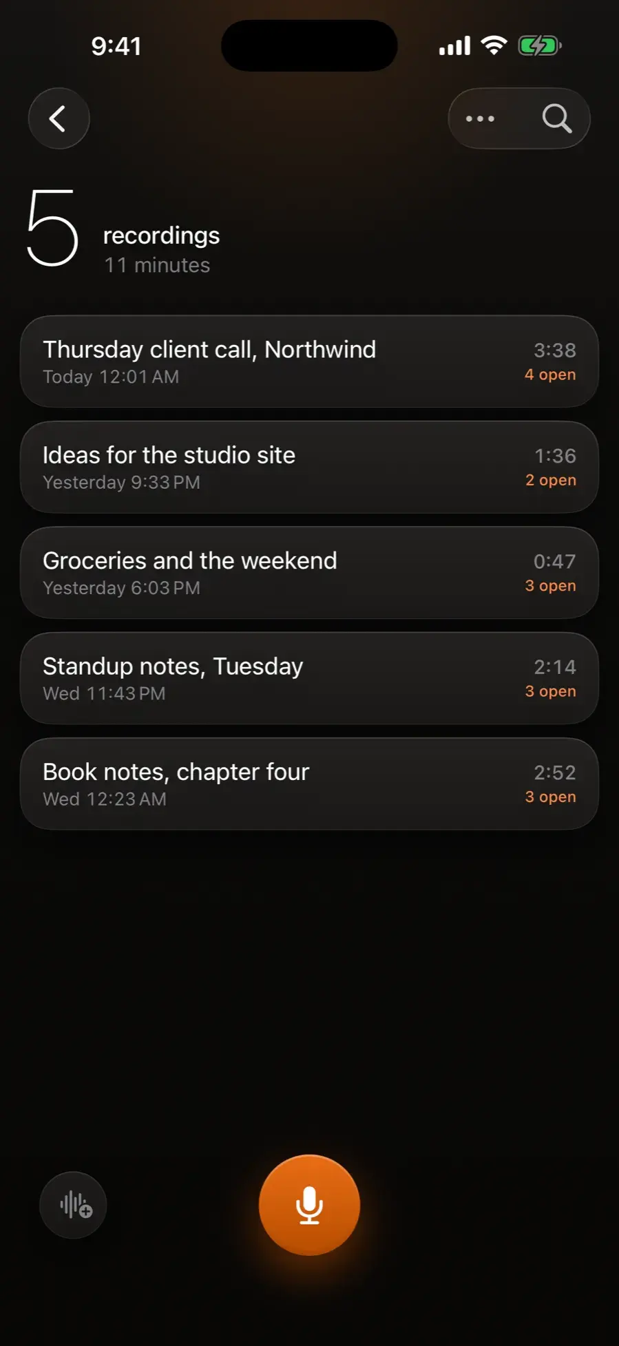 The Sayo recordings list with five memos, each showing its length and how many tasks are still open