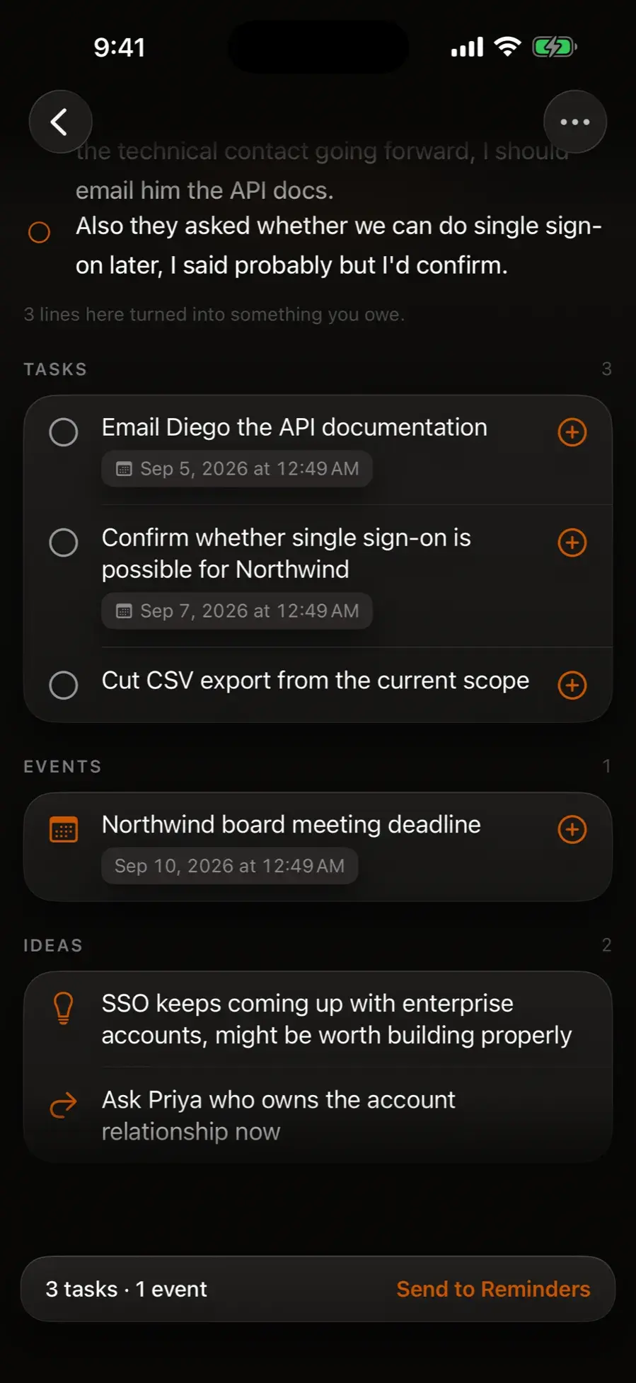 Tasks, events, and ideas Sayo pulled out of the same recording, each with a due date
