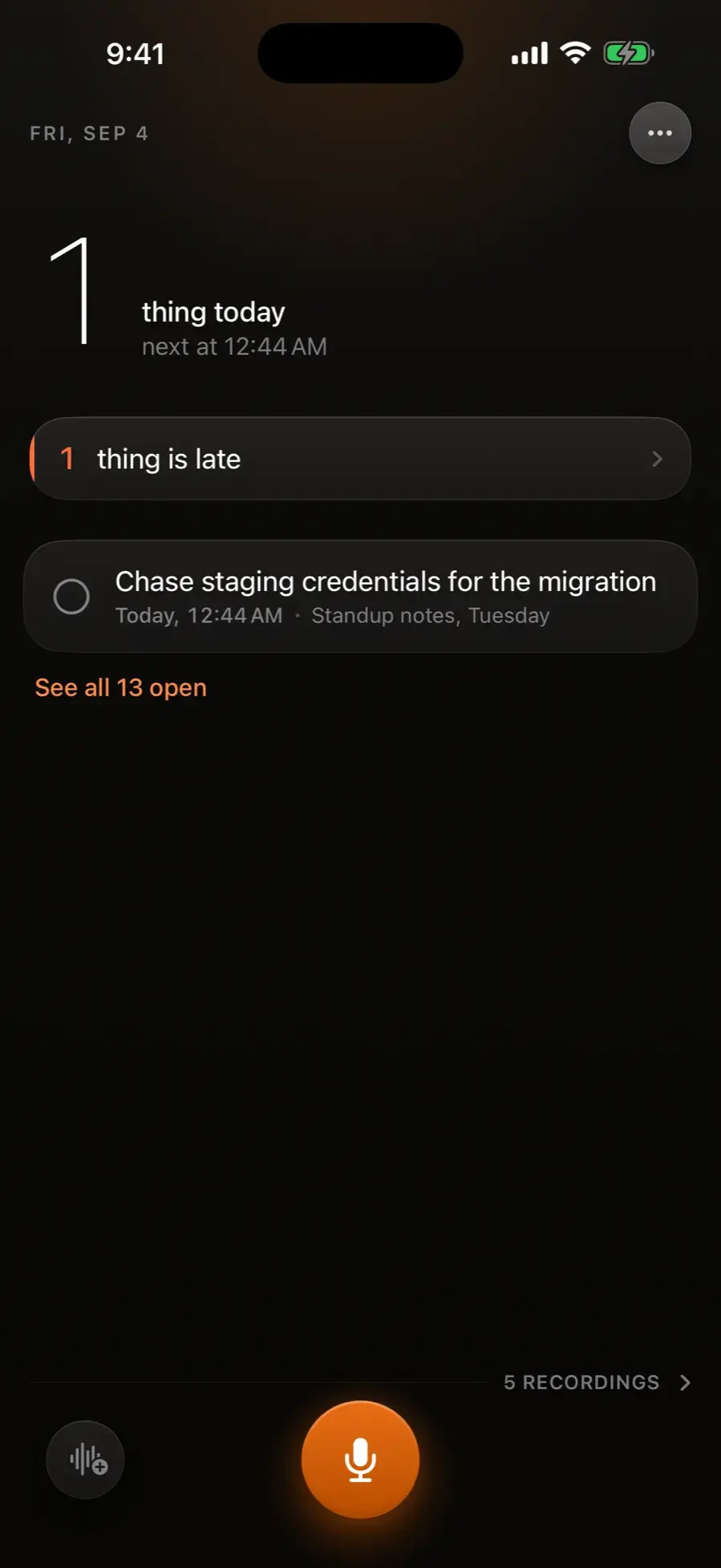 The Sayo home screen showing one thing due today, one overdue task, and the recordings row